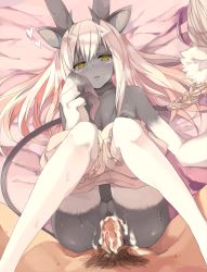 Rule 34 | 1girl, animal ears, animal hands, baphomet, bare shoulders, bed sheet, black skin, blonde hair, bloomers, bloomers pull, blush, character request, clitoris, colored skin, cum, cum in pussy, face mark, facial mark, flat chest, from above, grey skin, heart, heavy breathing, hetero, horns, interspecies, knees together feet apart, legs up, long hair, looking at viewer, lying, male pubic hair, monorino, monster girl, nipples, no bra, on back, open mouth, original, parted lips, penis, pointy ears, pov, pubic hair, pussy, sex, shorts, smile, solo focus, sweat, tail, tears, thighhighs, topless, torogao, uncensored, underwear, vaginal, white hair, yellow eyes