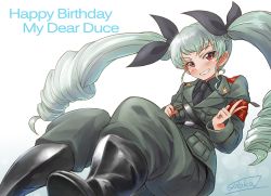 Rule 34 | 10s, 1girl, anchovy (girls und panzer), bad id, bad pixiv id, belt, black footwear, black shirt, blouse, blush, boots, dress shirt, drill hair, girls und panzer, grey jacket, grey pants, grin, hair ribbon, jacket, knee boots, long hair, long sleeves, looking at viewer, military, military uniform, necktie, pants, pants tucked in, red eyes, ribbon, riding crop, shirt, smile, solo, solokov (okb-999), twin drills, twintails, uniform