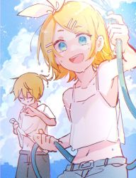 Rule 34 | 1boy, 1girl, aqua eyes, belt, blonde hair, blouse, bow, closed mouth, cloud, commentary, cumulonimbus cloud, day, dripping, hair bow, hair ornament, hairclip, highres, holding, holding clothes, holding hose, holding shirt, hose, kagamine len, kagamine rin, looking at viewer, mi no take, midriff, navel, open mouth, outdoors, shirt, short hair, shorts, sketch, sleeveless, sleeveless shirt, smile, standing, swept bangs, tank top, upper body, vocaloid, water, white bow, white tank top, wiping face