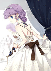 Rule 34 | 1girl, bad id, bad pixiv id, blue eyes, bow, bracelet, curly hair, curtains, djmax, djmax portable, dress, drill hair, earrings, eyelashes, gown, heart, high heels, jewelry, lace, ladymade star, looking back, mannequin, necklace, purple hair, ribbon, seha, shoes, solo, tiara, tiv, white dress