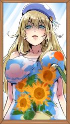 Rule 34 | 1girl, alternate costume, art brush, atago (kancolle), blonde hair, blush, bodypaint, breasts, commentary, fine art parody, flower, green eyes, hat, kantai collection, large breasts, long hair, looking at viewer, mirror, nonco, paintbrush, painting (action), painting (object), parody, solo, sunflower
