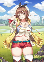 Rule 34 | 1girl, absurdres, armpits, atelier (series), atelier ryza, atelier ryza 1, bird, blue sky, breasts, brown eyes, brown hair, brown thighhighs, cleavage, cloud, day, grass, hair ornament, hairclip, hat, highres, horizon, jewelry, landscape, looking at viewer, medium breasts, navel, necklace, open mouth, outdoors, red shorts, reisalin stout, short hair, short shorts, shorts, skindentation, sky, smile, solo, star (symbol), star necklace, test tube, thighhighs, thighs, white hat, white thighhighs, xiao gen