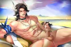 Rule 34 | 1boy, abs, animal ears, anus, arknights, arm behind head, armpit peek, beach, brown eyes, brown hair, censored, cow boy, cow ears, cow horns, cum, cum on male, day, earrings, highres, horns, jewelry, male focus, male lactation, male masturbation, masturbation, matterhorn (arknights), matterhorn (beach guard) (arknights), medium hair, mosaic censoring, muscular, muscular male, navel, necklace, nipples, official alternate costume, outdoors, pectorals, penis, pmoazi, seductive smile, smile, solo, spread legs, thighs, tooth necklace