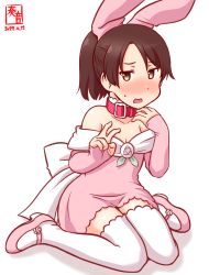 Rule 34 | 1girl, alternate costume, animal ears, artist logo, back bow, bow, breasts, brown eyes, brown hair, choker, cleavage, commentary request, dated, detached sleeves, dress, embarrassed, fake animal ears, kanon (kurogane knights), kantai collection, mary janes, off-shoulder dress, off shoulder, one-hour drawing challenge, pink dress, pink footwear, ponytail, rabbit ears, red choker, shikinami (kancolle), shoes, short hair, simple background, sitting, small breasts, solo, thighhighs, v, wariza, wedding dress, white background, white thighhighs