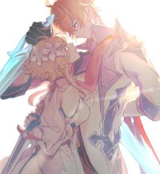 Rule 34 | 1boy, 1girl, arm behind back, black gloves, blonde hair, blush, breasts, closed mouth, detached sleeves, dress, dual wielding, eye contact, flower, genshin impact, gloves, hair flower, hair ornament, height difference, hetero, holding, holding sword, holding weapon, jacket, looking at another, lumine (genshin impact), medium breasts, orange hair, partially fingerless gloves, red scarf, scarf, short hair with long locks, simple background, sumirou-kun, sword, tartaglia (genshin impact), upper body, weapon, white background, white dress