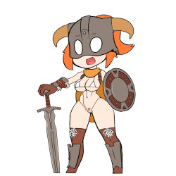 Rule 34 | 1girl, :d, bikini, boots, breasts, brown footwear, brown gloves, chibi, dovahkiin, dovakini-chan (nisetanaka), female pubic hair, full body, gloves, holding, holding shield, holding sword, holding weapon, horned mask, large breasts, looking at viewer, lying, mask, navel, nisetanaka, on stomach, open mouth, orange eyes, orange hair, ponytail, pubic hair, shield, simple background, smile, solo, standing, stomach, string bikini, swimsuit, sword, the elder scrolls, the elder scrolls v: skyrim, thigh boots, weapon, white background, white bikini