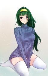 Rule 34 | 1girl, aiba mikoto, blush, breasts, cross edge, drawfag, green hair, hairband, large breasts, long hair, naked sweater, purple eyes, ribbed sweater, sitting, snowing, solo, sweater, thighhighs, turtleneck, v arms, wariza, white thighhighs