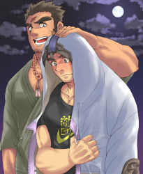 Rule 34 | 2boys, arm hair, bara, bead necklace, beads, black shirt, blush, borrowed clothes, chest hair, cosplay, couple, cross scar, facial hair, green kimono, hairy, hand on another&#039;s head, highres, hood, hood up, houzouin oniwaka, houzouin oniwaka (cosplay), japanese clothes, jewelry, k ei3k, kimono, large pectorals, long sideburns, male focus, protagonist 3 (housamo), mature male, multiple boys, muscular, muscular male, necklace, pectoral cleavage, pectorals, scar, scar on face, scar on forehead, shirt, short hair, sideburns, smile, stubble, thick eyebrows, tokyo houkago summoners, upper body, yaoi