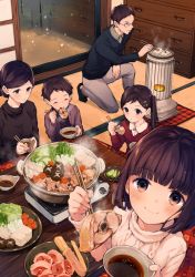 Rule 34 | 2boys, 3girls, ^ ^, blunt bangs, blush, bowl, brown eyes, brown hair, chest of drawers, chopsticks, closed eyes, commentary request, eating, fish, food, from above, glasses, grill, hair ornament, hairclip, heater, holding, holding chopsticks, indoors, kotatsu, long hair, long sleeves, looking at viewer, meat, mochi, multiple boys, multiple girls, mushroom, nabe, on one knee, original, portable stove, pot, pov, ribbed sweater, short hair, sitting, smile, soy sauce, star (symbol), star hair ornament, steam, sweater, table, tamaki iori, tatami, tofu, turtleneck, turtleneck sweater, twintails