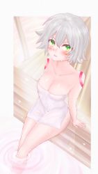 Rule 34 | 1girl, blush, breasts, facial scar, fate/apocrypha, fate/grand order, fate (series), from above, highres, jack the ripper (fate/apocrypha), looking at viewer, scar, scar across eye, scar on cheek, scar on face, short hair, shoulder tattoo, small breasts, solo, tattoo, towel, wet