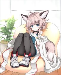 Rule 34 | 1girl, absurdres, ahoge, animal ear fluff, animal ears, arknights, bare shoulders, black choker, black leggings, blue eyes, blue shirt, choker, cloak, coat, extra ears, fox ears, fox girl, fox tail, full body, gloves, hands on own chest, highres, indoors, infection monitor (arknights), interlocked fingers, jacket, leggings, legs together, looking at viewer, material growth, medic, open cloak, open clothes, oripathy lesion (arknights), plant, potted plant, shirt, short hair, sidelocks, sitting, solo, sussurro (arknights), tail, tatsuhiko, white coat, white jacket, wooden floor