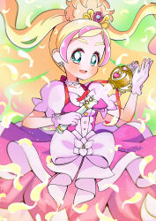 Rule 34 | 1girl, absurdres, blonde hair, bow, bright pupils, commentary, cure flora, dress, dress bow, earrings, feathers, gloves, go! princess precure, green eyes, highres, holding, holding wand, jewelry, layered dress, long hair, looking at viewer, magical girl, medium dress, meranoreuka (pandapaca), multicolored hair, open mouth, pink dress, pink gloves, pink hair, precure, puffy short sleeves, puffy sleeves, short sleeves, smile, solo, standing, streaked hair, tiara, two-tone hair, wand, white pupils, wide ponytail