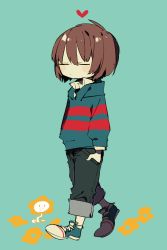 Rule 34 | androgynous, aqua background, brown hair, closed eyes, collared shirt, flower, flowey (undertale), frisk (undertale), full body, gender request, green background, hair between eyes, hand in pocket, hands in pockets, heart, higa423, highres, long sleeves, pants, shirt, shoelaces, shoes, simple background, sneakers, striped clothes, striped sweater, sweater, undertale, white shirt