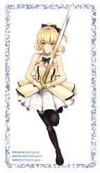 Rule 34 | 1girl, artoria pendragon (all), artoria pendragon (fate), black pantyhose, blonde hair, blush, closed mouth, daishuquee, fate (series), gloves, green eyes, highres, holding, holding weapon, lipstick, looking at viewer, makeup, pantyhose, saber (fate), saber lily, simple background, smile, solo, standing, sword, weapon