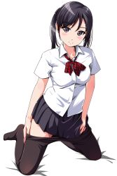 Rule 34 | 1girl, black hair, black pantyhose, black skirt, blush, bow, bowtie, closed mouth, clothes pull, collared shirt, eyelashes, full body, grey eyes, highres, kneeling, looking at viewer, matsunaga kouyou, original, pantyhose, pantyhose pull, pleated skirt, red bow, red bowtie, shirt, short sleeves, simple background, skirt, smile, solo, tareme, twintails, white background, white shirt, wing collar