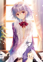 Rule 34 | 1boy, asuka minato, blush, bow, braid, buttoned cuffs, buttons, curtains, desk, hand on leg, hand on own thigh, highres, light purple hair, male focus, medium hair, open clothes, otome domain, plant, red bow, red eyes, red neckwear, school uniform, sidelocks, smile, solo, tatekawa mako, trap, white curtains, window
