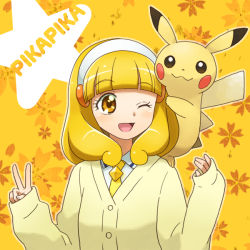 Rule 34 | 10s, 1girl, ;d, bad id, bad pixiv id, blonde hair, cardigan, color connection, creatures (company), crossover, enu (spinal), eyelashes, floral background, game freak, gen 1 pokemon, hairband, kise yayoi, nintendo, one eye closed, open mouth, pikachu, pokemon, pokemon (creature), power connection, precure, short hair, smile, smile precure!, v, white hairband, wink, yellow background, yellow eyes, yellow theme