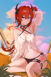 Rule 34 | 1girl, absurdres, arknights, arm up, armpits, bikini, black bikini, blue sky, breasts, cleavage, closed mouth, commentary, criss-cross halter, demon horns, duckntea, english commentary, hair between eyes, halterneck, hammock, highres, horns, long hair, looking at viewer, medium breasts, official alternate costume, outdoors, purple eyes, red hair, side-tie bikini bottom, sitting, sky, solo, surtr (arknights), surtr (colorful wonderland) (arknights), swimsuit, swimsuit cover-up