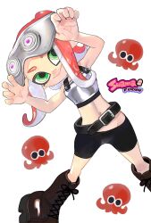 Rule 34 | 1girl, belt, bike shorts, black shorts, boots, brown footwear, closed mouth, commentary request, crop top, cross-laced footwear, goggles, green eyes, highres, looking at viewer, medium hair, navel, nintendo, octoling, octoling girl, octoling player character, octopus, raikado, red hair, shorts, simple background, smile, solo, splatoon (series), splatoon 3, tentacle hair, white background