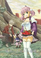 Rule 34 | 10s, 1boy, 1girl, apple, atelier (series), atelier escha &amp; logy, breasts, cleavage, clothes lift, elain, escha malier, food, fruit, green eyes, logix ficsario, open mouth, pink hair, silver hair, skirt, skirt carry, skirt lift, small breasts, thighhighs, white thighhighs