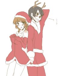 Rule 34 | 1boy, 1girl, antlers, bare shoulders, black hair, blush, breasts, brown eyes, brown hair, christmas, dress, green eyes, hat, horns, jude mathis, leia rolando, open mouth, pants, pout, short hair, tales of (series), tales of xillia