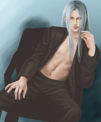 Rule 34 | 1990s (style), 1boy, final fantasy, final fantasy vii, gradient background, long hair, male focus, open clothes, open shirt, retro artstyle, sephiroth, shirt, sitting, solo, white hair, yellow eyes