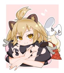 Rule 34 | 10s, 1girl, animal ears, bad id, bad pixiv id, blonde hair, blush, boots, emil (fafa), kemono friends, lion (kemono friends), lion ears, lion tail, lying, moose (kemono friends), musical note, hugging object, on stomach, pillow, pleated skirt, short hair, skirt, smile, solo, tail