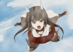 Rule 34 | 1girl, anabuki tomoko, animal ears, brown hair, downblouse, flying, gauntlets, hamushima, japanese clothes, katana, open mouth, purple eyes, strike witches, strike witches: suomus misfits squadron, sword, weapon, world witches series