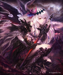 Rule 34 | 1girl, armor, armored boots, army, asymmetrical clothes, battlefield, boots, bracer, cloud, cloudy sky, commentary request, copyright name, cygames, dark jeanne, dark persona, demon wings, feathers, gloves, glowing, glowing eyes, hair ornament, highres, hisakata souji, holding, holding sword, holding weapon, long hair, looking at viewer, pale skin, red eyes, shadowverse, shingeki no bahamut, single glove, skeleton, sky, sword, weapon, white hair, wings