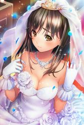 Rule 34 | 1girl, bad id, bad pixiv id, bare shoulders, blue flower, blue rose, blush, bracelet, breasts, bridal veil, bride, brown eyes, brown hair, cleavage, collarbone, dress, flower, gloves, highres, indoors, jewelry, large breasts, light smile, looking at viewer, necklace, original, petals, red carpet, ring, rose, rose petals, see-through, solo, tiara, veil, wedding dress, white dress, white gloves