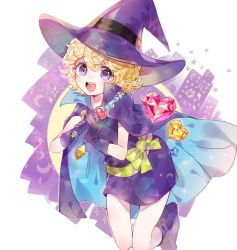 Rule 34 | 00s, 1girl, :d, blonde hair, blush, boots, bow, building, cape, crescent, crystal, dress, full body, gloves, green bow, green ribbon, hat, heart, holding, holding wand, jikgu, open mouth, purple dress, purple eyes, purple footwear, purple gloves, ribbon, smile, solo, sparkle, sugar sugar rune, vanilla mieux, wand, white background, witch hat