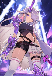 Rule 34 | 1girl, alternate breast size, alternate costume, alternate hairstyle, commentary, crop top, crystal, gloves, grey hair, hair over one eye, half-skirt, highres, hololive, hololive english, horns, katana, koseki bijou, long hair, midriff, navel, parted lips, popo (popo0cat), purple eyes, shorts, single horn, skindentation, solo, sword, thigh strap, thighhighs, very long hair, virtual youtuber, weapon