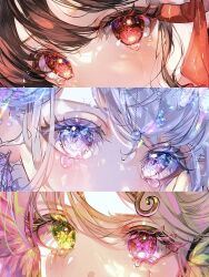 blonde_hair blue_eyes blue_pupils brown_hair butterfly-shaped_pupils close-up colored_eyelashes commentary_request eye_focus eyelashes green_eyes green_hair green_pupils hair_between_eyes heterochromia highres mira_hidume multicolored_hair original pink_eyes pink_hair pink_pupils red_eyes red_hair symbol-shaped_pupils teardrop tearing_up