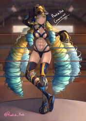 Rule 34 | 1girl, abs, absurdres, artist name, astraea (fate), astraea (festival outfit) (fate), blonde hair, blue hair, boxing gloves, boxing ring, breasts, breasts apart, commission, drill hair, elbow gloves, fate/grand order, fate (series), gloves, gradient hair, heroic spirit festival outfit, highres, long hair, looking at viewer, multicolored hair, one eye closed, quad drills, radishkek, revealing clothes, smile, solo, thighhighs, thighs, twitter username, two-tone hair, very long hair, yellow eyes