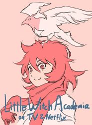Rule 34 | alcor (little witch academia), alternate costume, animal, animal on head, bird, bird on head, chariot du nord, hori takafumi, little witch academia, looking at viewer, matching hair/eyes, official art, on head, pink background, red eyes, red hair, scarf, short hair, simple background, smile