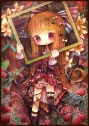Rule 34 | 1girl, black bow, black dress, black eyes, blunt bangs, border, bow, bright pupils, brown border, brown hair, buttons, closed mouth, dress, empty picture frame, fantasy, flower, food, frilled dress, frills, frown, fruit, hair bow, highres, holding frame, idola caverne, leaf, light blush, long hair, long sleeves, original, picture frame, pink bow, solo, strawberry, striped bow, toy car, traditional media, very long hair, white bow, white pupils, yellow flower