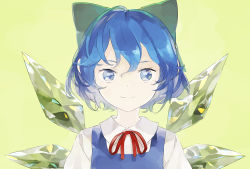 Rule 34 | 1girl, blue eyes, blue hair, bow, cirno, closed mouth, expressionless, hair bow, ice, ice wings, looking at viewer, matching hair/eyes, portrait, ribbon, shihou (g-o-s), short hair, solo, touhou, upper body, wings, yellow background