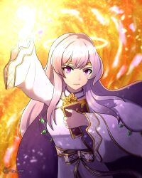 Rule 34 | 1girl, arm up, book, cape, circlet, clya lyren, dress, fire emblem, fire emblem: genealogy of the holy war, highres, holding, holding book, jewelry, julia (crusader of light) (fire emblem), julia (fire emblem), long hair, magic, nintendo, purple cape, purple eyes, purple hair, sash, solo, wide sleeves