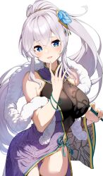 Rule 34 | 1girl, alexandra viktorovna dashkova, blue eyes, blush, breasts, china dress, chinese clothes, commentary request, cowboy shot, darjeeling (reley), dress, hand up, highres, large breasts, light purple hair, long hair, looking at viewer, original, parted lips, ponytail, second-party source, simple background, smile, solo, standing, white background