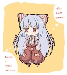 Rule 34 | 1girl, blunt bangs, blush, bow, chibi, english text, female focus, frills, fujiwara no mokou, hair bow, hair ribbon, hands in pockets, juliet sleeves, long hair, long sleeves, multiple hair bows, oekaki, ofuda, pants, puffy sleeves, red eyes, ribbon, simple background, smile, solo, standing, suspenders, suuan (cyber dam), touhou, very long hair, white hair