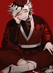 Rule 34 | 1boy, absurdres, brown hair, crossed legs, douma (kimetsu no yaiba), hand on own face, highres, japanese clothes, kimetsu no yaiba, looking at viewer, male focus, red background, sitting, smile, yamada chickenko