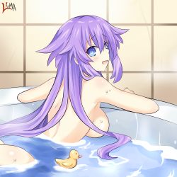 Rule 34 | 1girl, back, blue eyes, blush, breasts, hair between eyes, large breasts, lewdkuma, long hair, looking at viewer, neptune (series), nude, partially submerged, power symbol, power symbol-shaped pupils, purple hair, purple heart (neptunia), rubber duck, sidelocks, smile, solo, symbol-shaped pupils, very long hair, wet