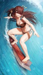 Rule 34 | 1girl, abs, absurdres, armpits, asymmetrical bangs, barefoot, beach, beidou (genshin impact), bikini, black bikini, breasts, brown bikini, brown hair, claymore (sword), cleavage, collarbone, colored eyepatch, day, earrings, epic, eyelashes, eyepatch, feet, female focus, fingernails, full body, genshin impact, hair ornament, hair over one eye, happy, heel up, highres, jewelry, large breasts, legs, long hair, long image, looking away, midriff, mihoyo, navel, neck, numanoan, ocean, outdoors, outstretched arms, parted lips, pendant, pirate, red eyes, shiny skin, side-tie bikini bottom, sidelocks, single earring, sky, smile, smirk, soles, spread arms, standing on sword, strapless, strapless bikini, summer, surfboard, surfing, swimsuit, tall image, tiptoes, toenails, toes, tomboy, water, waves, wet, wind, wind lift