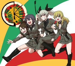 Rule 34 | 10s, 4girls, :d, amaretto (girls und panzer), anchovy (girls und panzer), anzio (emblem), anzio military uniform, arm around neck, asymmetrical bangs, belt, black belt, black footwear, black hair, black neckwear, black ribbon, black shirt, blonde hair, boots, braid, brown eyes, brown hair, carpaccio (girls und panzer), clenched hand, clenched hands, commentary request, dress shirt, drill hair, emblem, flag background, frown, girls und panzer, green eyes, green hair, grey jacket, grey pants, grey skirt, grin, hair ribbon, holding, holding riding crop, italian flag, jacket, jumping, knee boots, knife, leg up, long hair, long sleeves, looking to the side, military, military uniform, miniskirt, multiple girls, necktie, open mouth, pants, partial commentary, pencil skirt, pepperoni (girls und panzer), red eyes, ribbon, riding crop, running, sam browne belt, shirt, short hair, side braid, skirt, smile, standing, standing on one leg, sweatdrop, torinone, twin drills, twintails, uniform