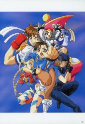 Rule 34 | 1990s (style), 6+girls, absurdres, blonde hair, blue hair, blue sailor collar, blue skin, bracelet, breasts, brown eyes, brown hair, cammy white, camouflage, capcom, chinese clothes, chun-li, cleavage cutout, clothing cutout, colored skin, company connection, covered erect nipples, crossover, fingerless gloves, gloves, gun, hat, highres, jewelry, jill valentine, kasugano sakura, lei lei, leotard, looking at viewer, medium breasts, multiple girls, pantyhose, pelvic curtain, qingdai guanmao, red eyes, resident evil, retro artstyle, sailor collar, school uniform, serafuku, simple background, smile, spiked bracelet, spikes, street fighter, tao (warzard), twintails, vampire (game), warzard, weapon, yokota mamoru