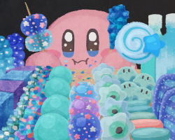 Rule 34 | black background, blue theme, blush, candy, creature, doughnut, eating, feet out of frame, food, food focus, food in mouth, kirby, kirby (series), lollipop, miclot, nintendo, no fingers, simple background, solo, sparkle, sparkling eyes, star (symbol)