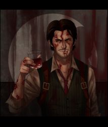 Rule 34 | 1boy, alcohol, black hair, bleeding, blood, collared shirt, cup, dark, drinking glass, facial hair, green vest, grin, highres, holding, holding cup, holding drinking glass, indoors, injury, letterboxed, looking at viewer, male focus, mustache, necktie, noah asai, red necktie, sebastian castellanos, shirt, smile, solo, striped necktie, striped neckwear, stubble, the evil within, vest, white shirt, wine, wine glass, yellow eyes