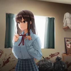 Rule 34 | 1girl, adjusting neckwear, bad id, bad twitter id, blood, blood on clothes, blood on wall, breasts, brown eyes, brown hair, bulletin board, commentary, curtains, drawing (object), empty eyes, fingernails, hair between eyes, highres, indoors, long hair, original, school uniform, skirt, sleeves past wrists, solo, stuffed animal, stuffed toy, trash bag, unjem