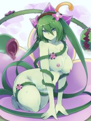 Rule 34 | 1girl, blue eyes, breasts, character request, collarbone, colored skin, commentary request, commission, completely nude, eyes visible through hair, flower, flower on head, full body, green hair, green skin, hair between eyes, highres, kanon (mon-musu quest!), large breasts, looking at viewer, mon-musu quest!, mon-musu quest: paradox, monster girl, nipples, nude, plant, plant girl, smile, solo, thorns, vines, yonaga san