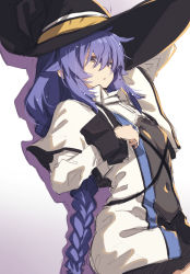 Rule 34 | 1girl, akino sora, arm up, black hat, blouse, braid, braided ponytail, capelet, collared shirt, commentary request, eyebrows hidden by hair, gradient background, hair between eyes, hat, highres, jacket, long hair, long sleeves, mushoku tensei, open clothes, open jacket, parted lips, purple background, purple eyes, purple hair, roxy migurdia, shirt, single braid, solo, very long hair, white background, white capelet, white jacket, white shirt, witch hat